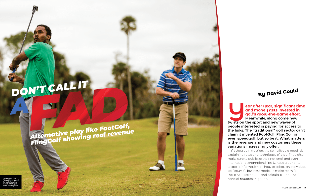 Man tees off with a FlingGolf FlingStick as golfer looks on